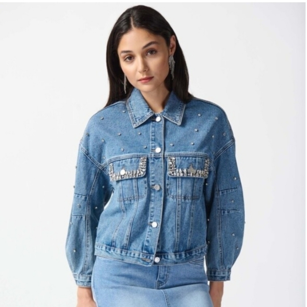 Joseph Ribkoff Blue Jean Crystal Embellished Denim Jacket Rhinestones
